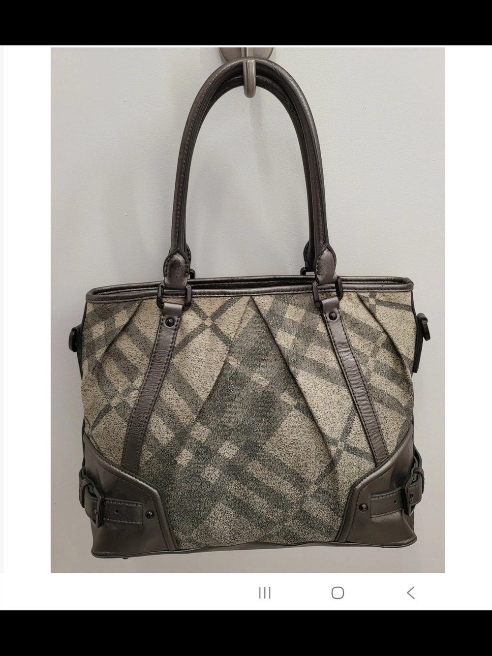Authentic BURBERRY Check Canvas Leather Shoulder Hand Bag Gray Beige E1113